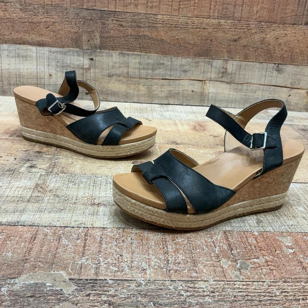 UGG Sandals Womens Size 8 39 Black Leather Strappy Cork Espadrille Wedge Shoes